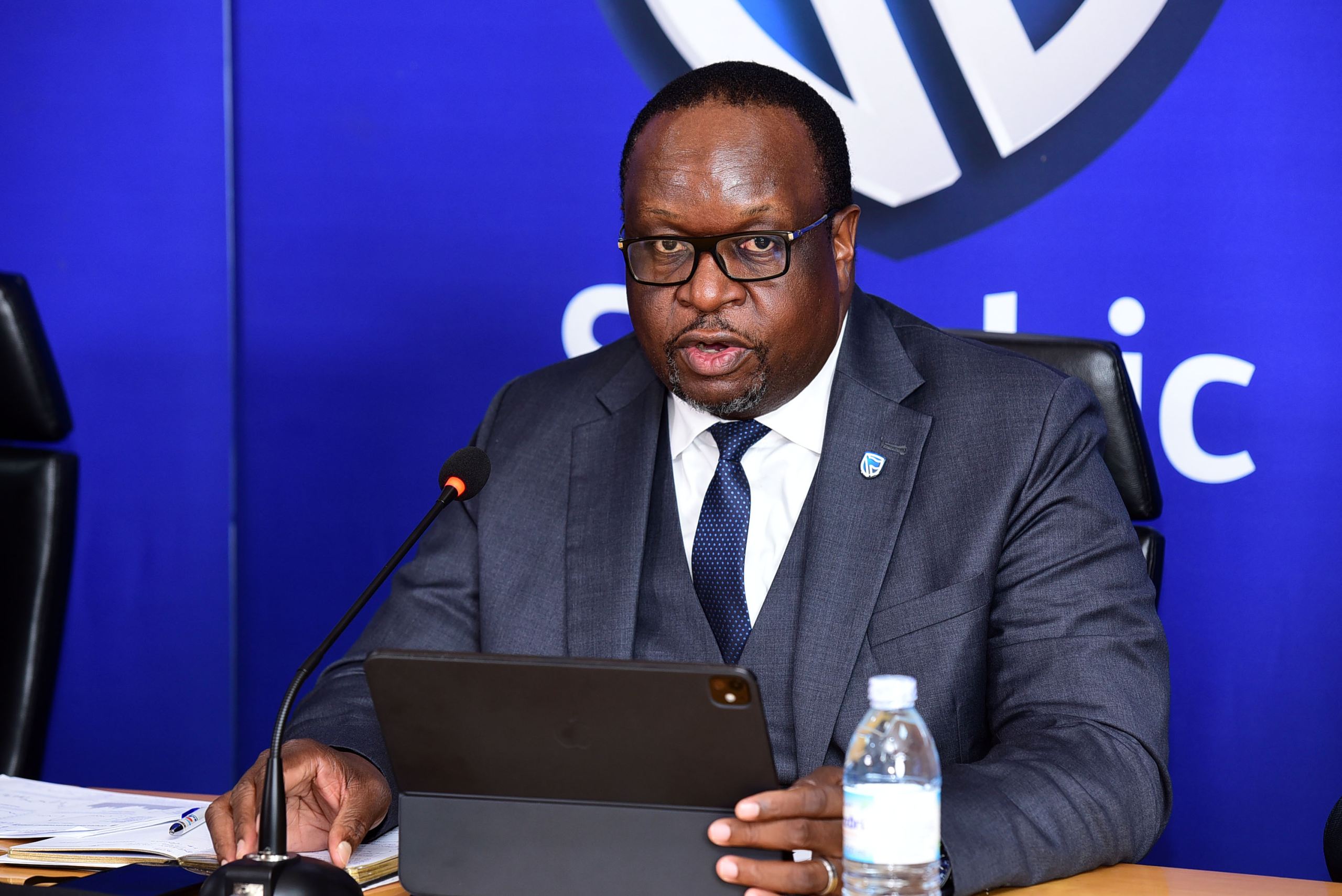 Mumba Kalifungwa, Chief Executive Stanbic Bank Uganda making remarks during the half year results release in Kampala
