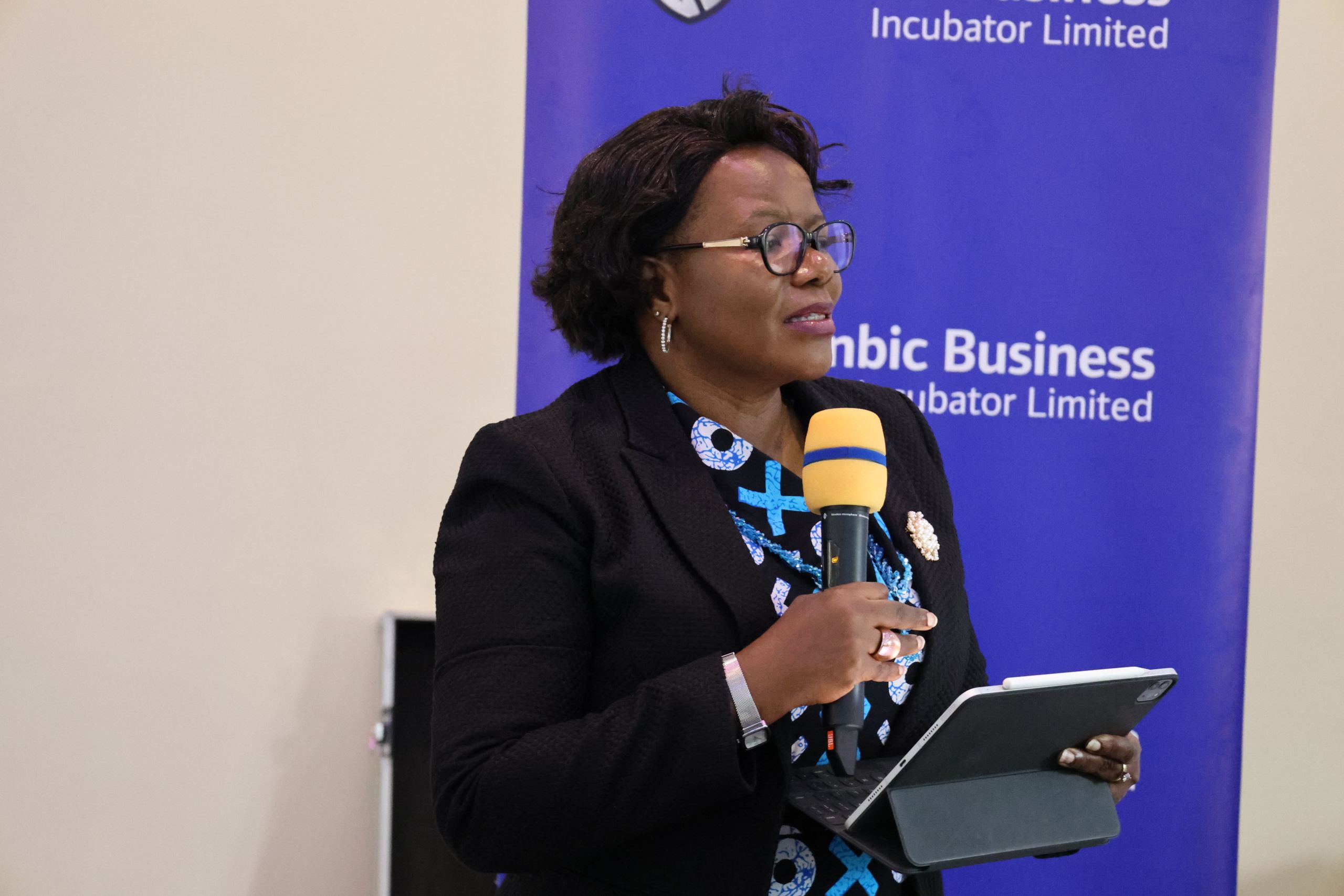 Catherine Poran, the Chief Executive of Stanbic Business Incubator Limited, addressing ADP programme beneficiaries.