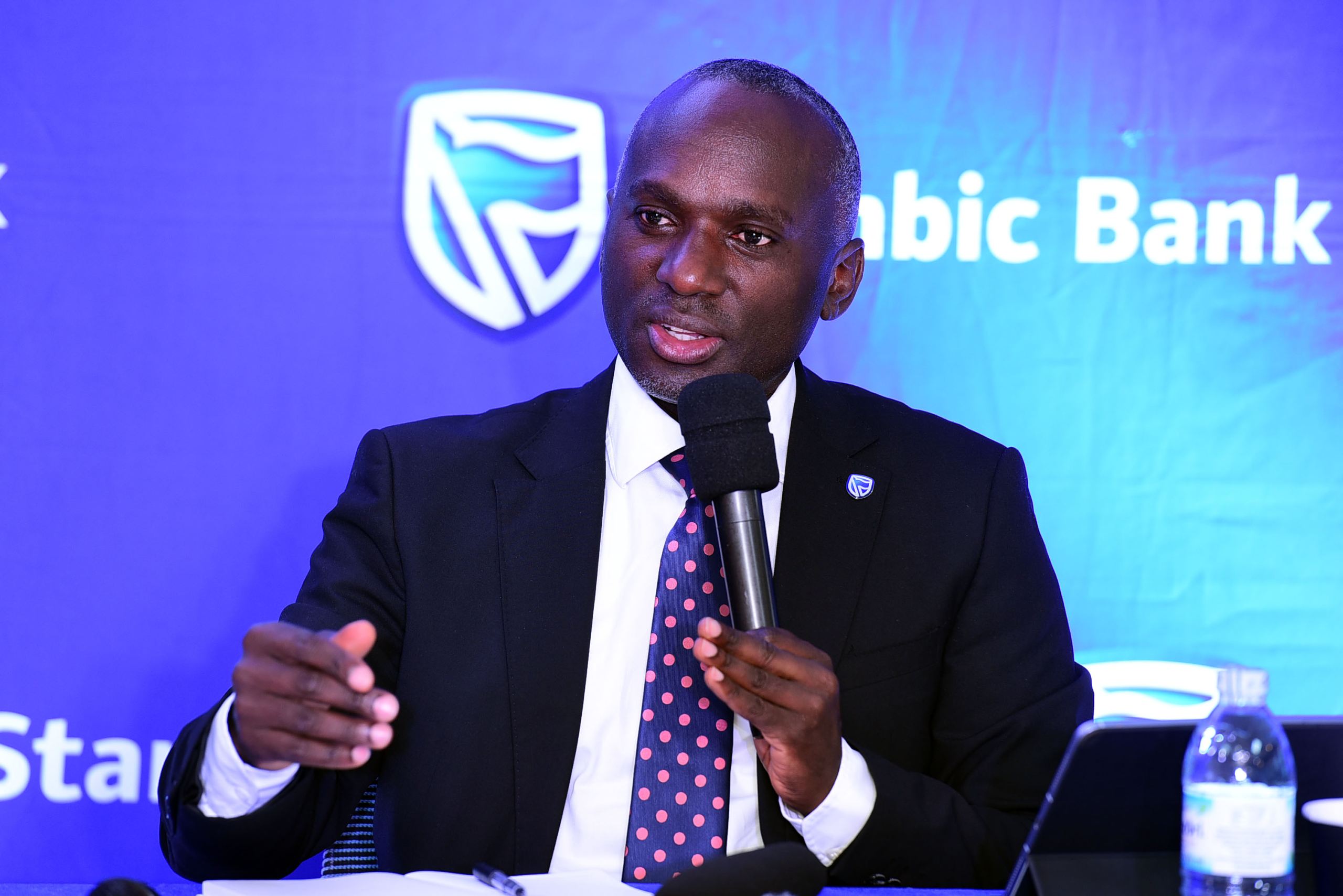 Israel Arinaitwe, Head Personal Banking Stanbic Bank Uganda making remarks during the press conference at Umoja House in Kampala