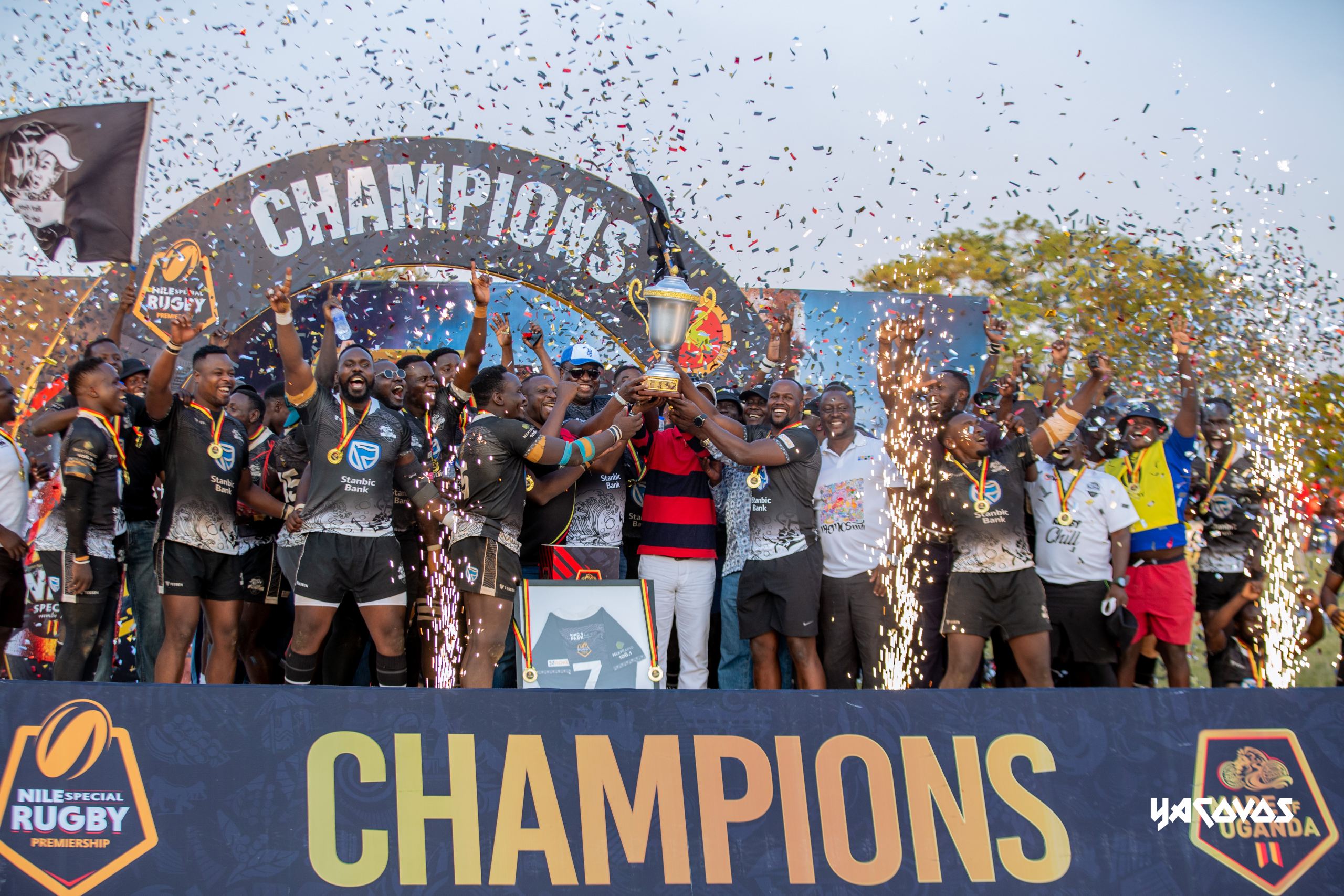 Stanbic Black Pirates players celebrate after lifting the 2026 National Rugby Premiership trophy following their dramatic 30–29 victory over Buffaloes RFC in the championship final